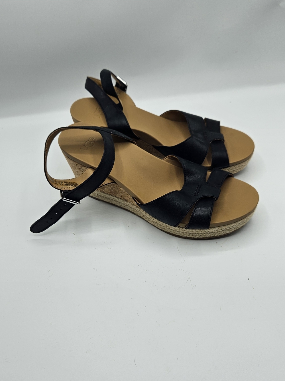 UGG Black Leather Wedge Sandals with Tan Footbed